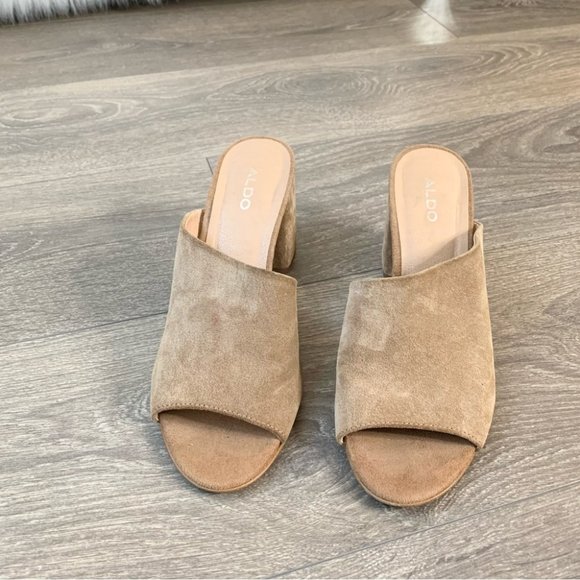 Aldo Suede Aldosina Block Heel Open Toe Mules Tan Size 7.5 - Picture 2 of 16